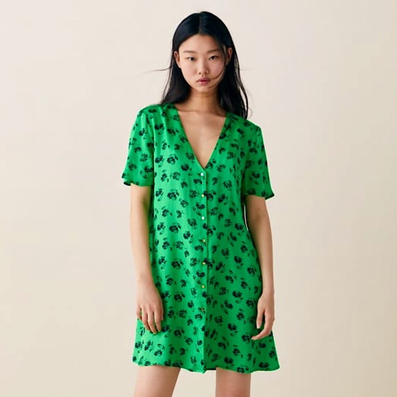Zara Dresses & Skirts - ZARA Green & Black Floral Pattern Button Down Tunic Mini Dress Size XS